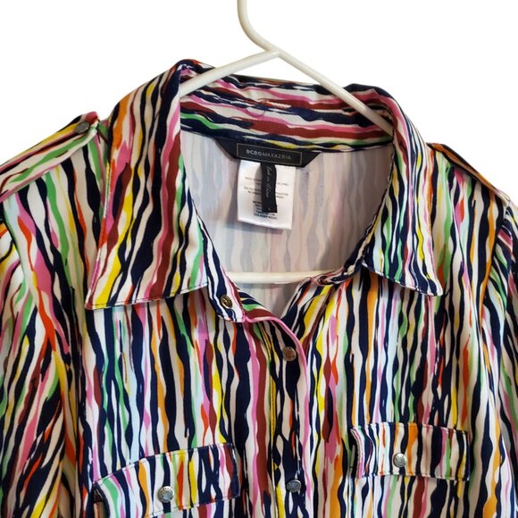BCBGMAXAZRIA Urban Explosion Multi-Color Abstract Button Front Blouse Large - Picture 3 of 16